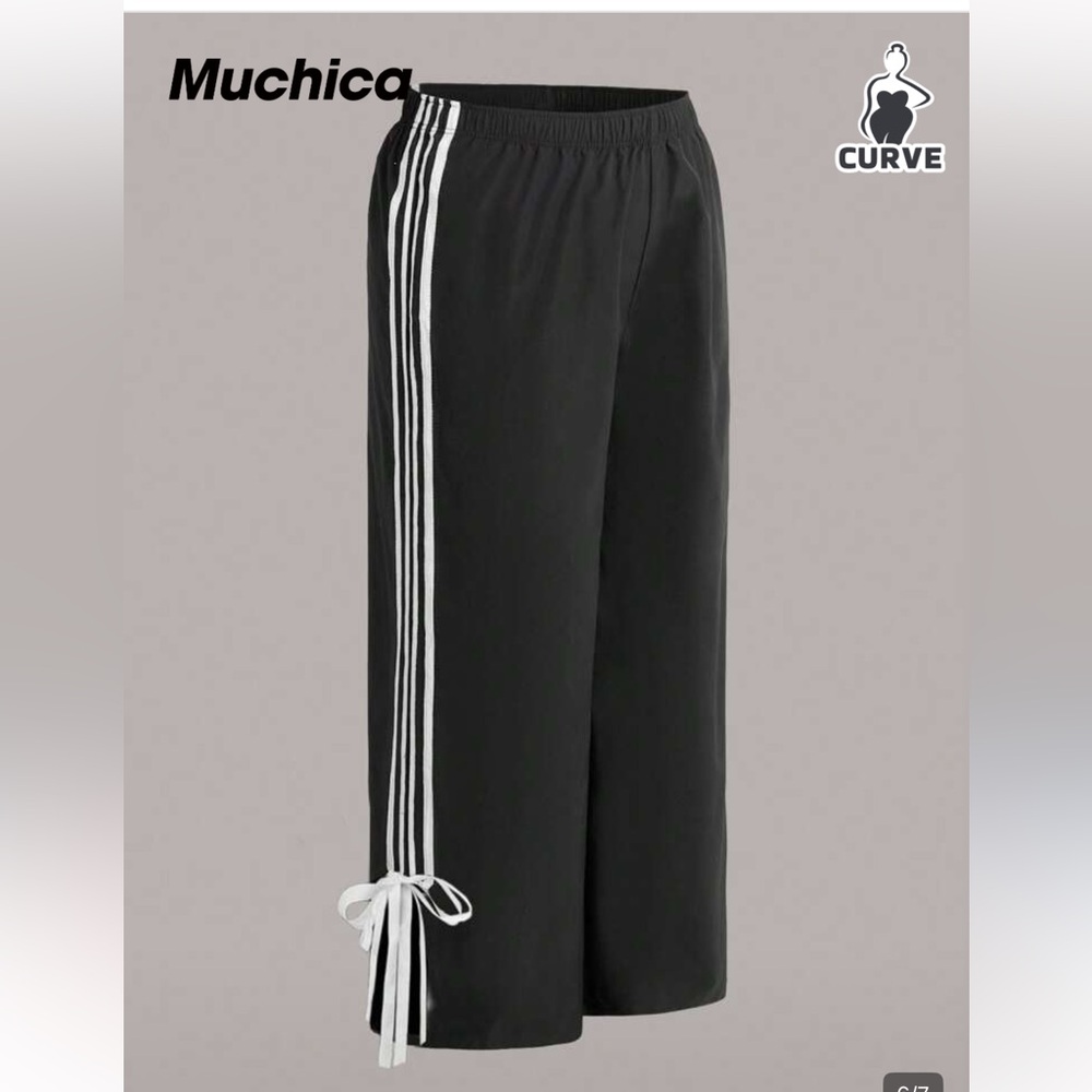 SHEIN 4X elastic waist Black Wide-Leg Track Pants with Side Stripes and Ties - Picture 3 of 5